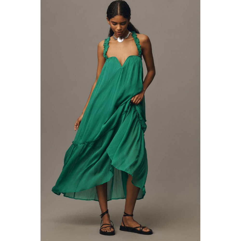NWT By Anthropologie Sleeveless Chiffon Midi Dress Size S Green #ND454